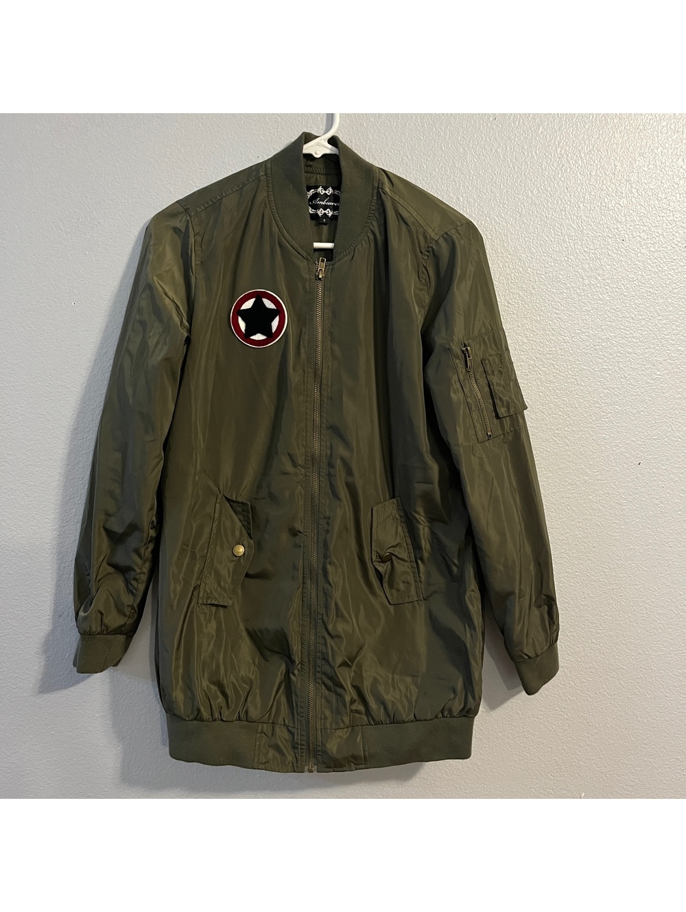 Ambiance Women's Long Bomber Jacket S Olive Green Star Patch Military Utility